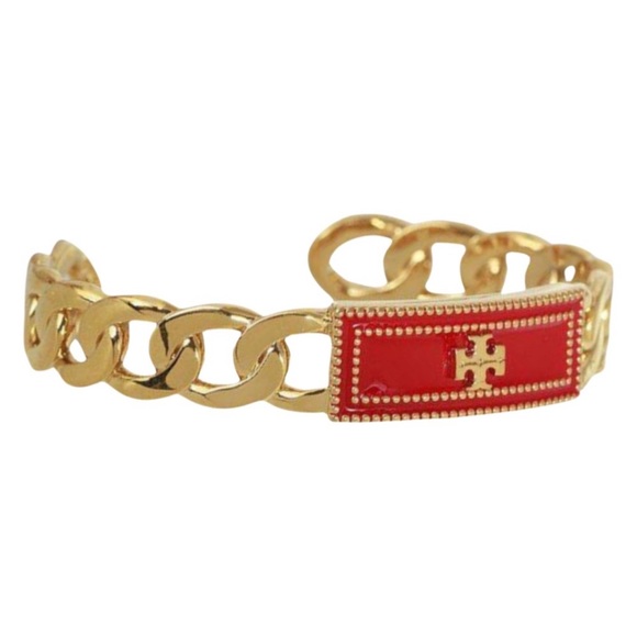TORY BURCH • Red Milgrain Logo Cuff Bracelet - Picture 2 of 7